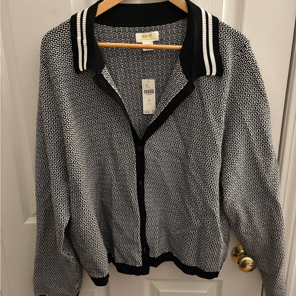 Anthropologie Maeve Plunging Black and White Cardigan Sweater